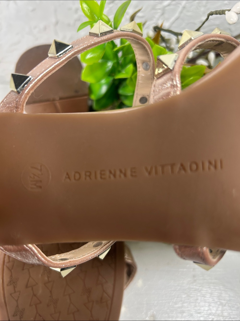 Adrienne Vittadini Metallic Rose Gold Studded Strappy Slide In Block Heel Sandal - Picture 11 of 12